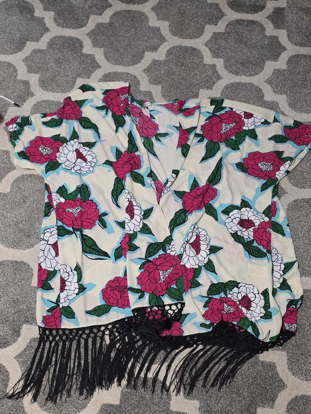 Melissa McCarthy Floral Fringe Kimono - Pink & White on Cream